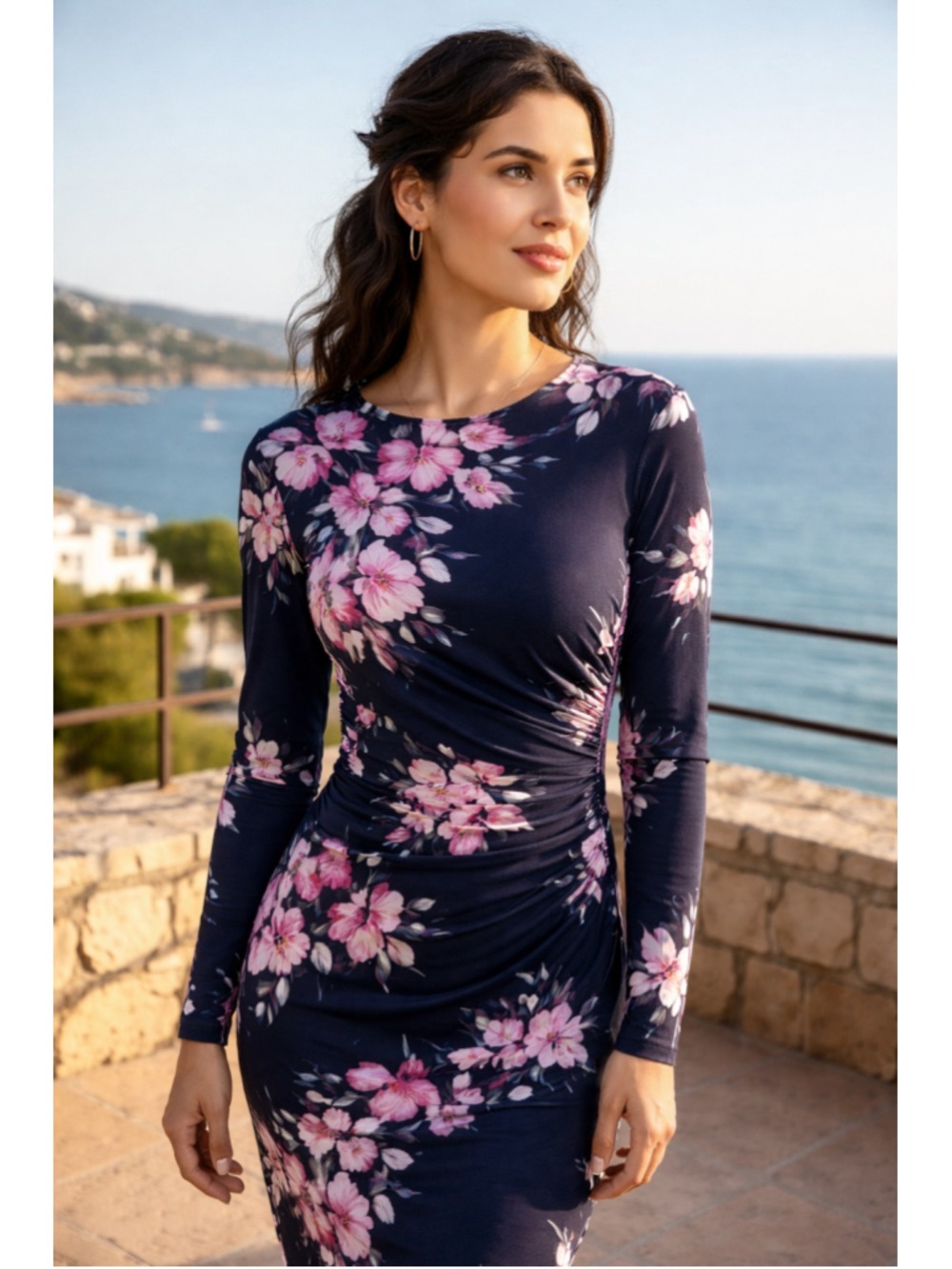 Harper Rose Floral Faux Wrap Ruched Dress Women's Size 8 Navy and Pink